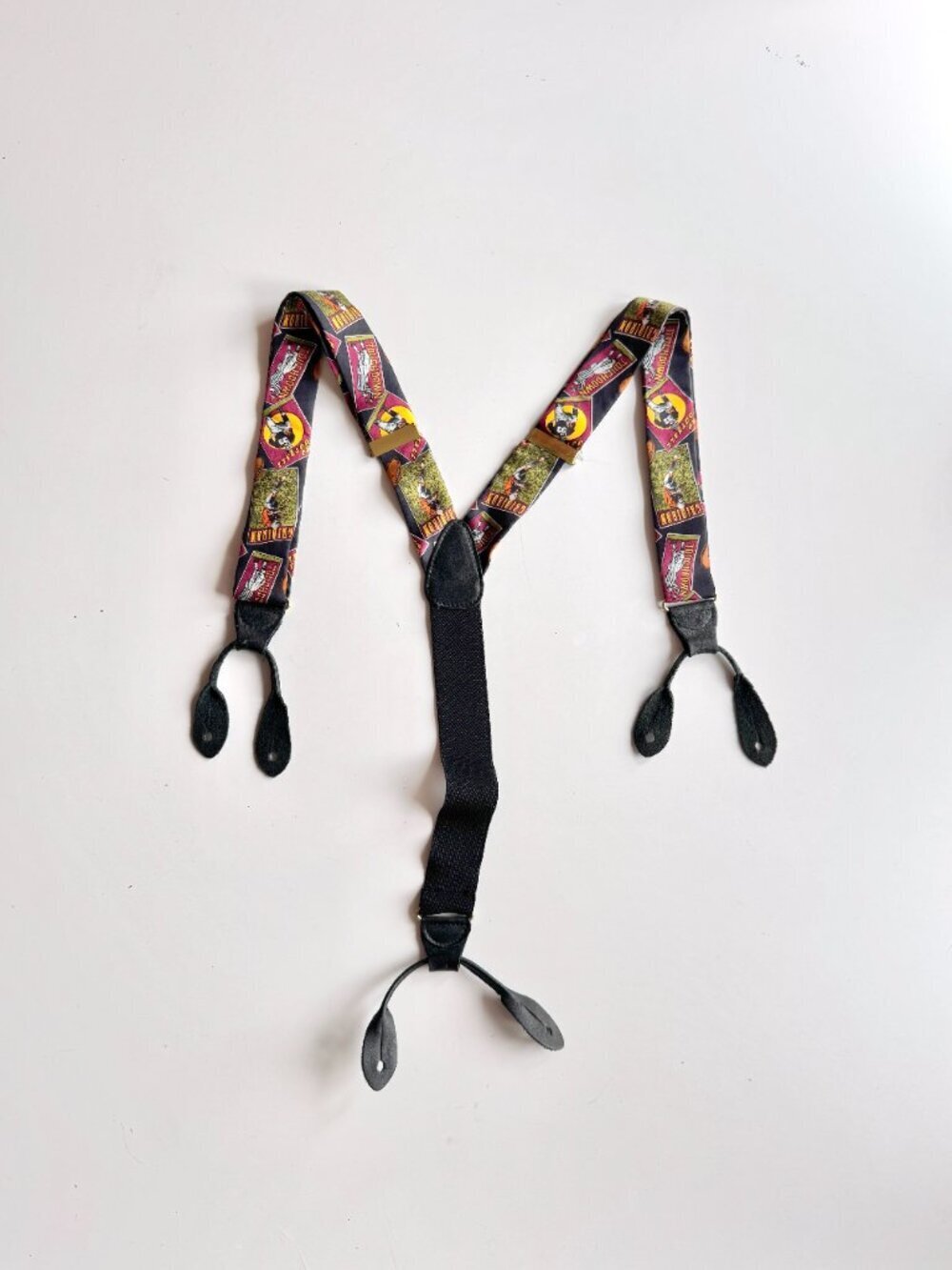 Vintage ADDICTION Football Themed Silk Adjustable Elastic Leather Suspenders